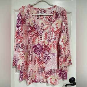Chico's SZ 3 Women's XL 3/4 Sleeve V-Neck Pullover Boho Top Pink Multi